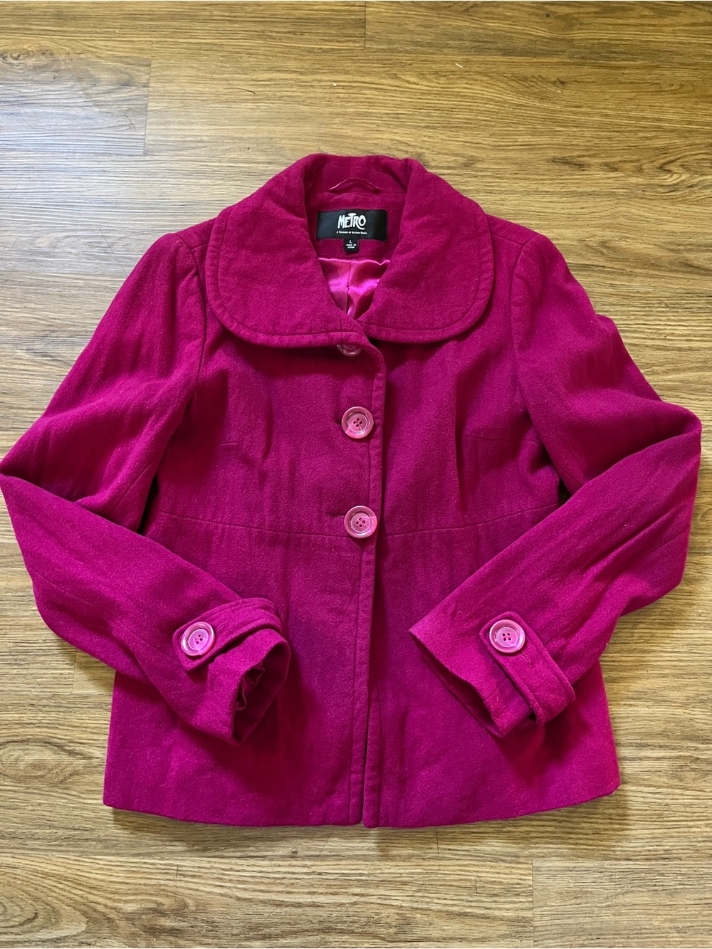 Vintage Y2K Metro Hot Pink Fuchsia Wool-Blend Double-breasted Peacoat Preppy